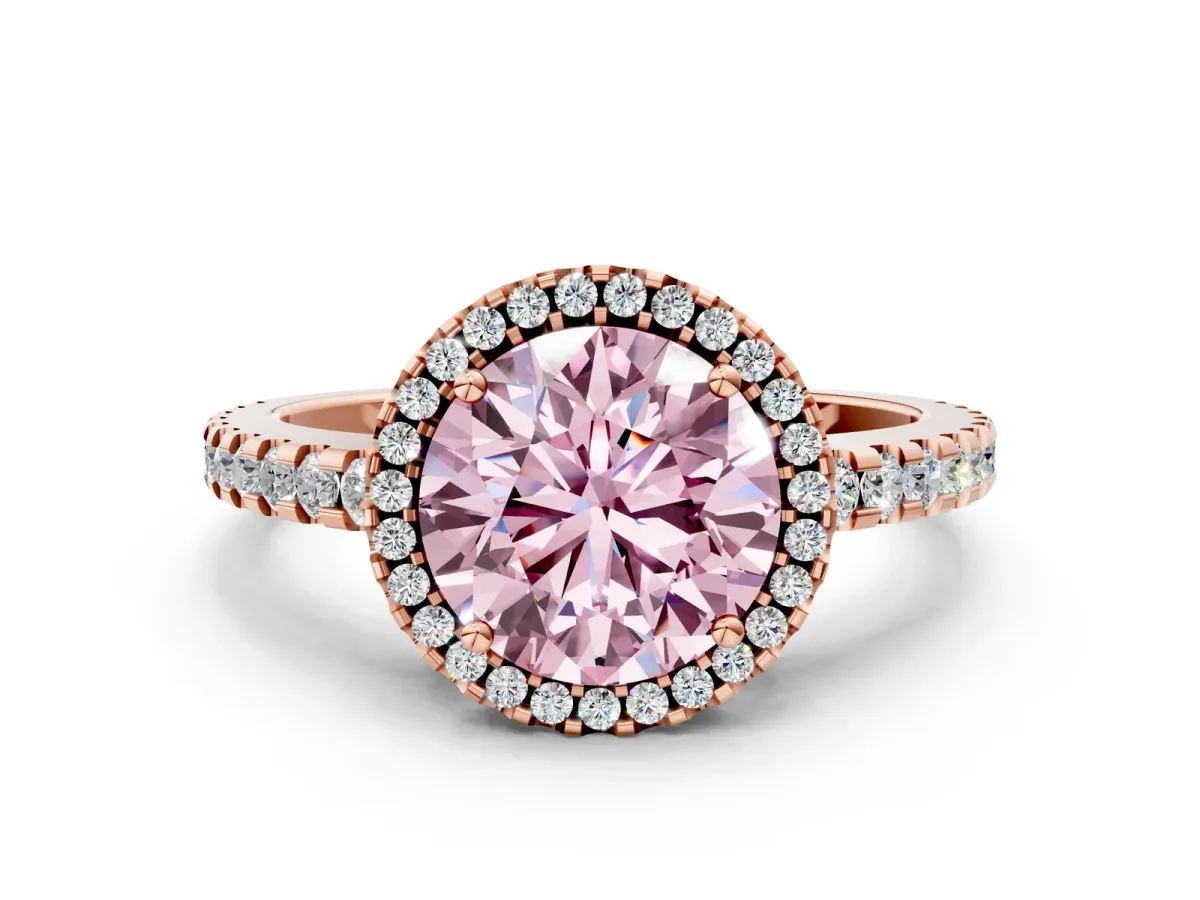 Fancy Pink Round Cut Diamond Halo Engagement Ring with Pavé Band and Prong Setting Rose gold