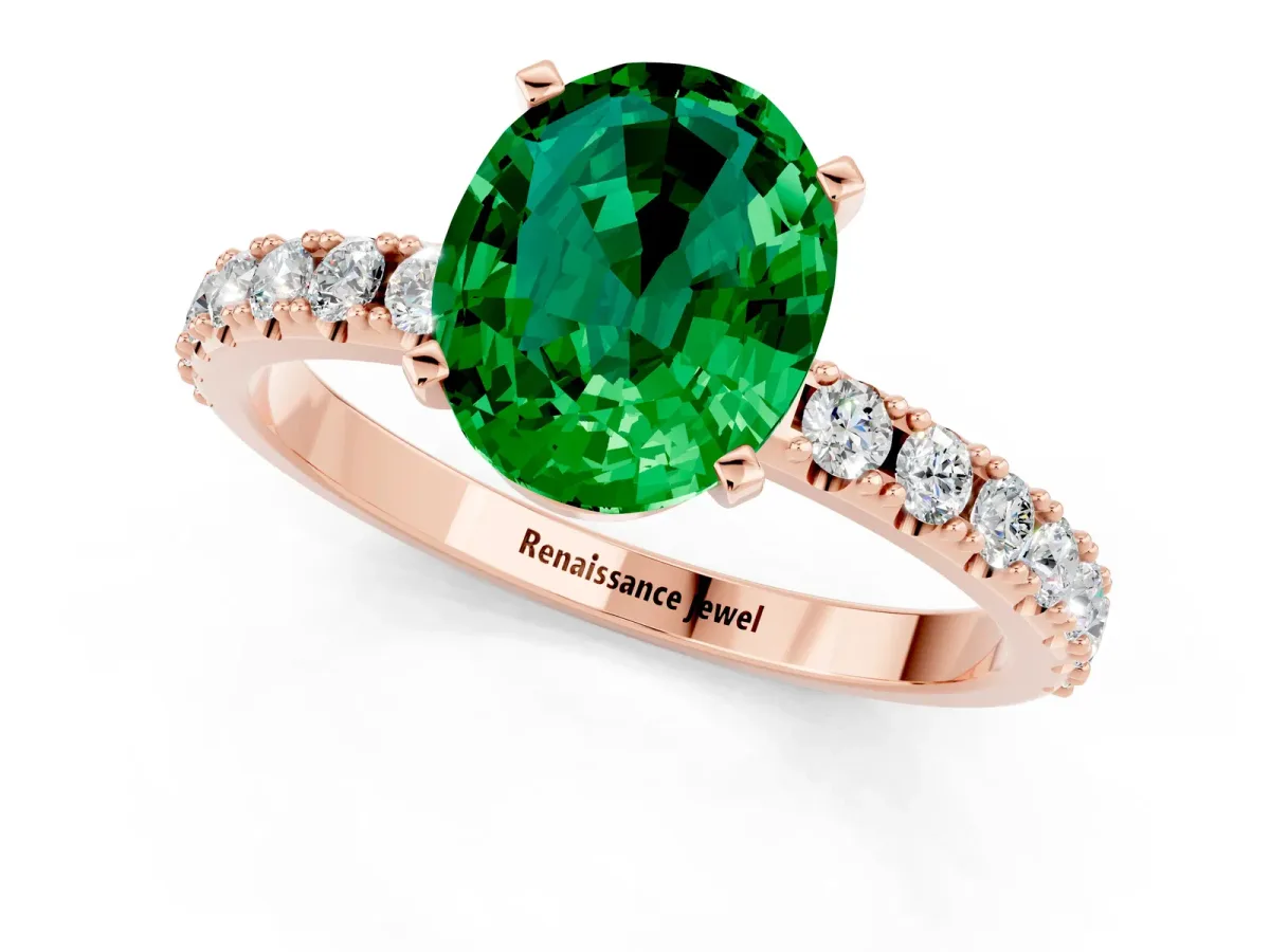 Oval Cut Emerald Solitaire Pavé Band with Four-Prong Setting Rose gold