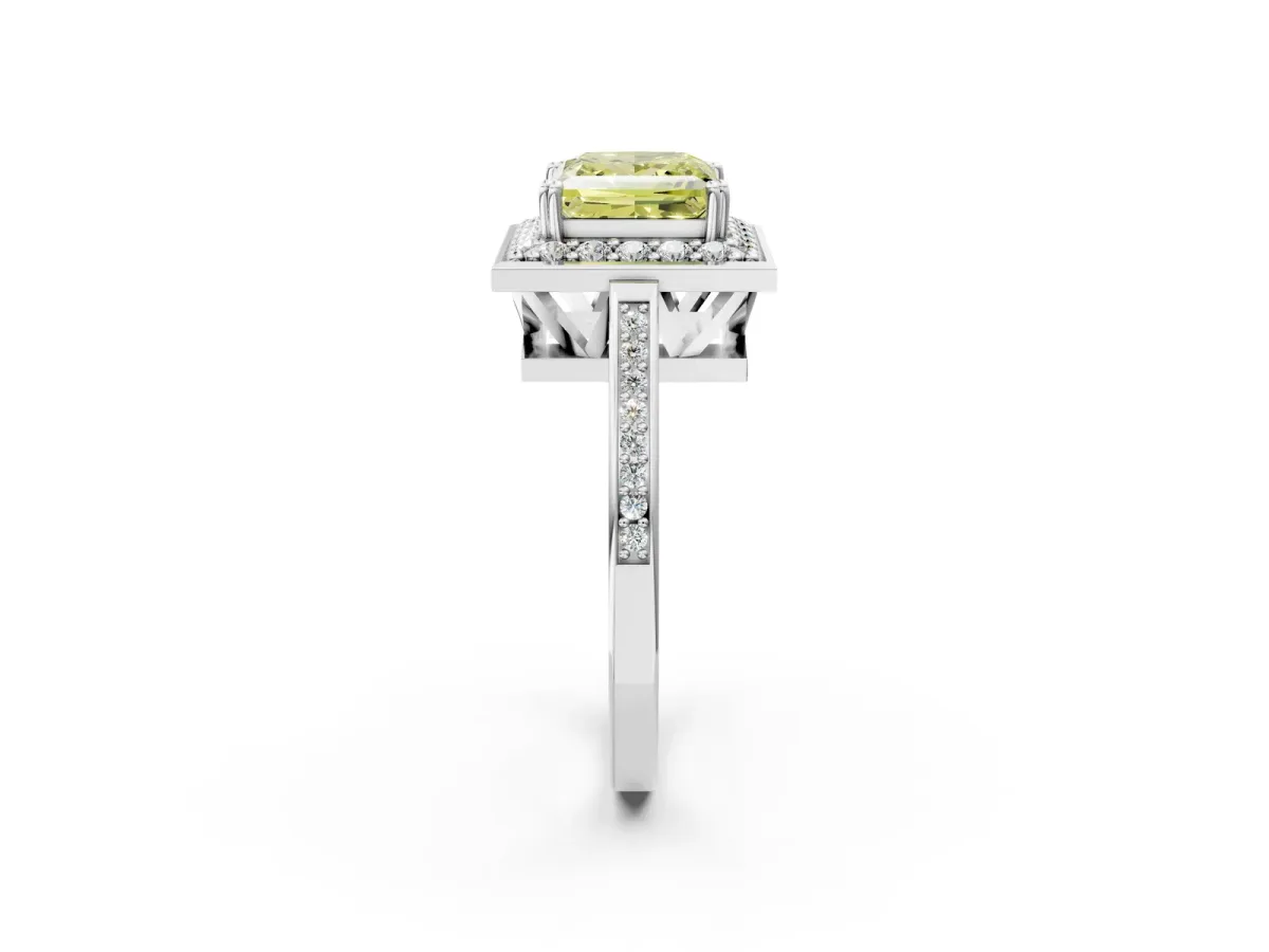 Fancy Yellow Princess Cut Diamond Halo Ring with Split Shank and Four-Prong Setting Platinum