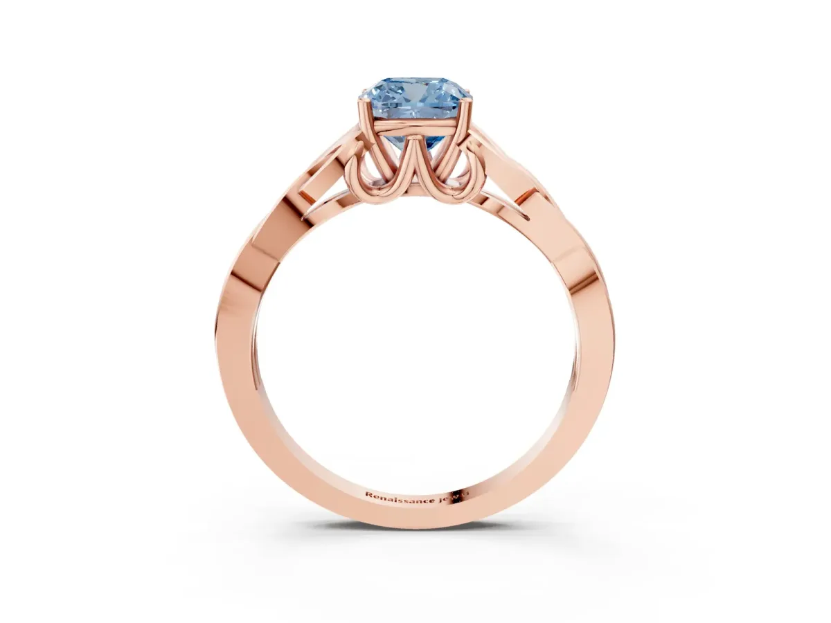 Fancy Blue Cushion Cut Diamond Solitaire Celtic Knot Ring with Four-Prong Setting Rose gold