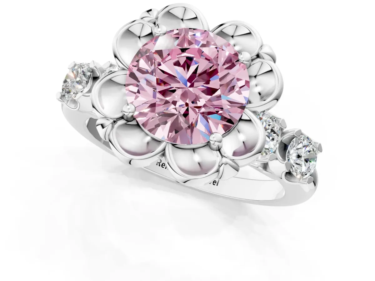 Fancy Pink Round Cut Cut Diamond Floral Halo Engagement Ring with Shared Prong Setting Silver