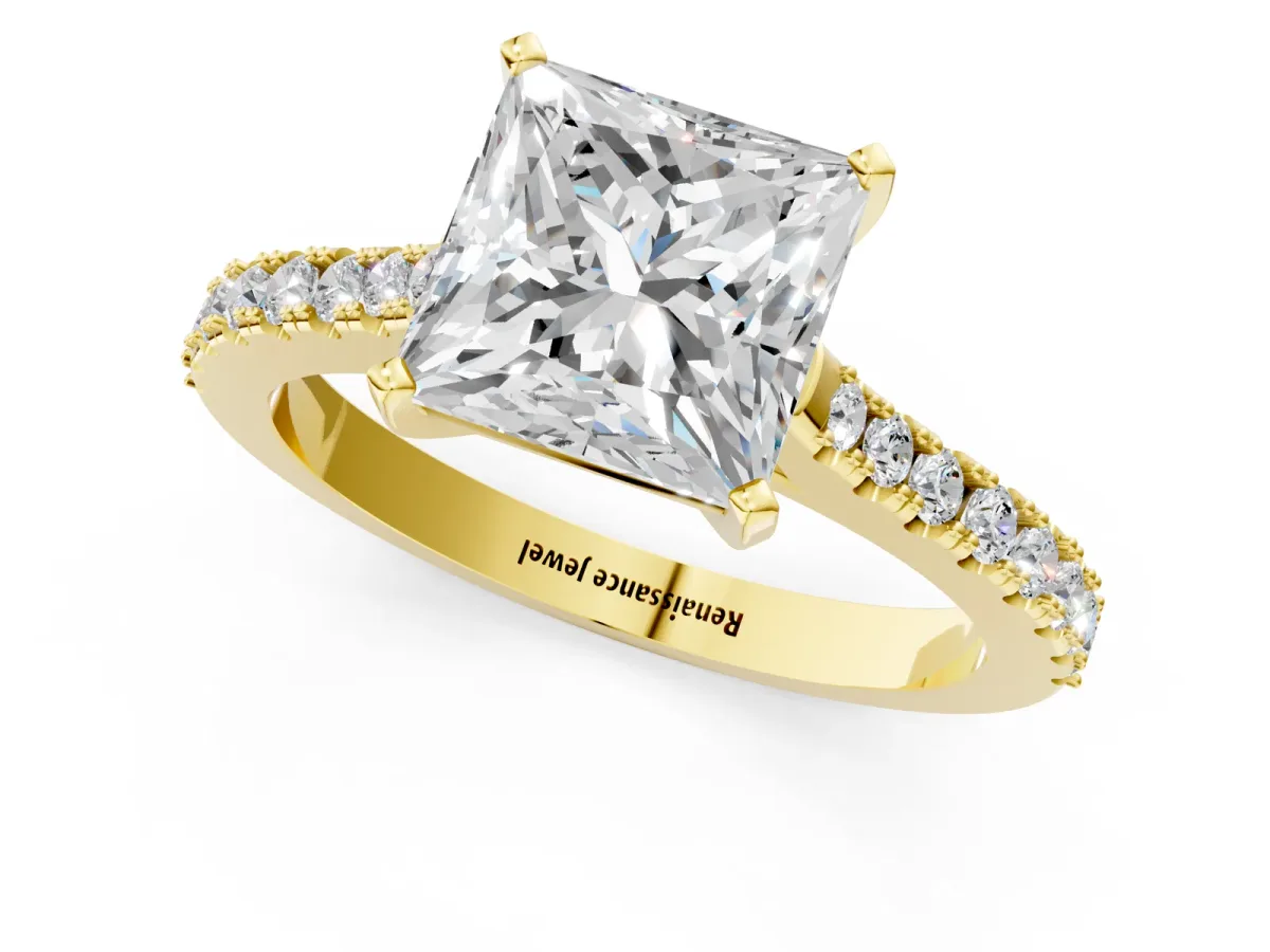 Princess Cut Cut Solitaire Diamond Engagement Ring with Pave Band and Four-Prong Setting Yellow gold