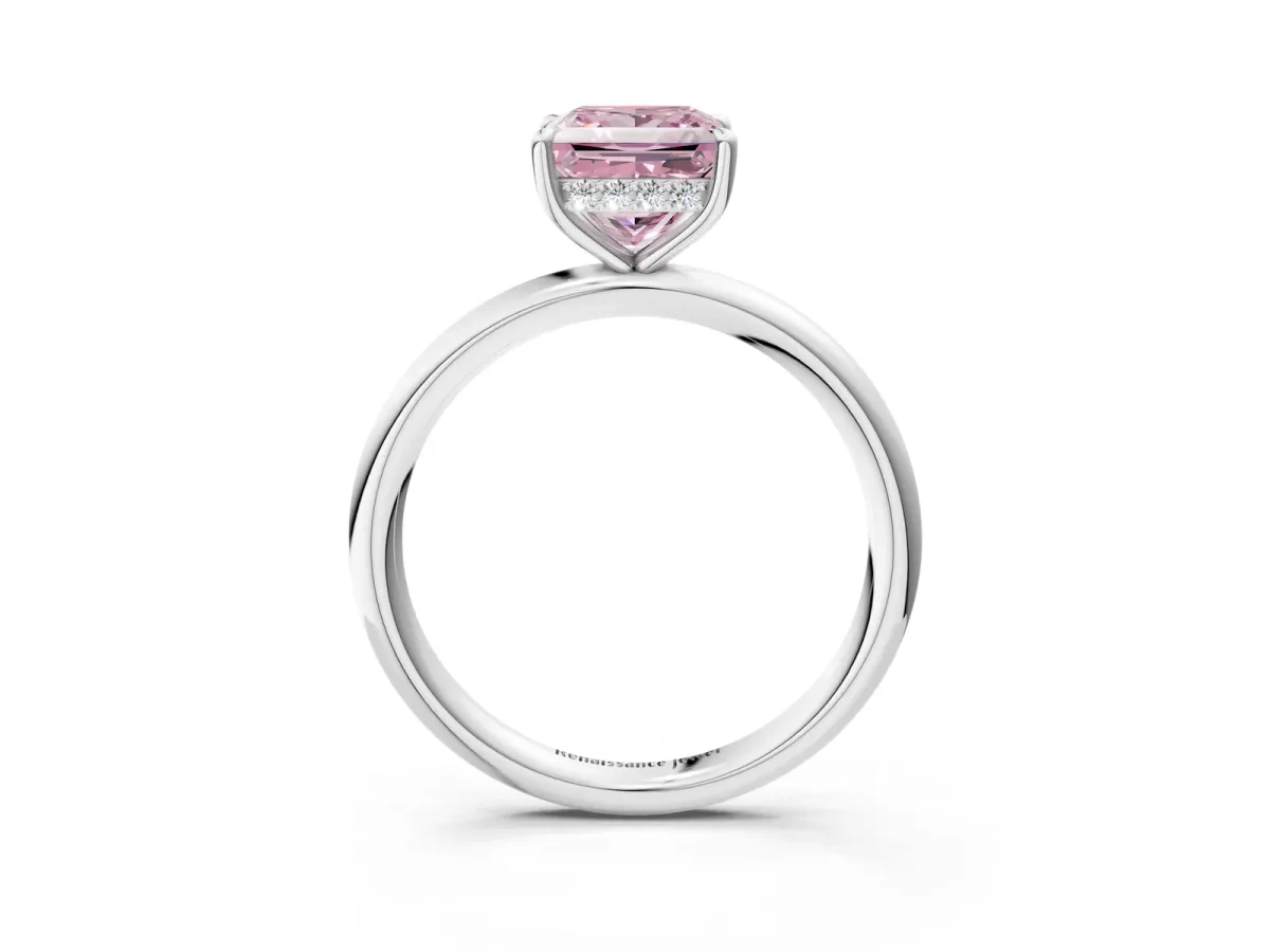 Fancy Pink Princess Cut Diamond Solitaire Ring with Thin Band and Four-Prong Setting White gold