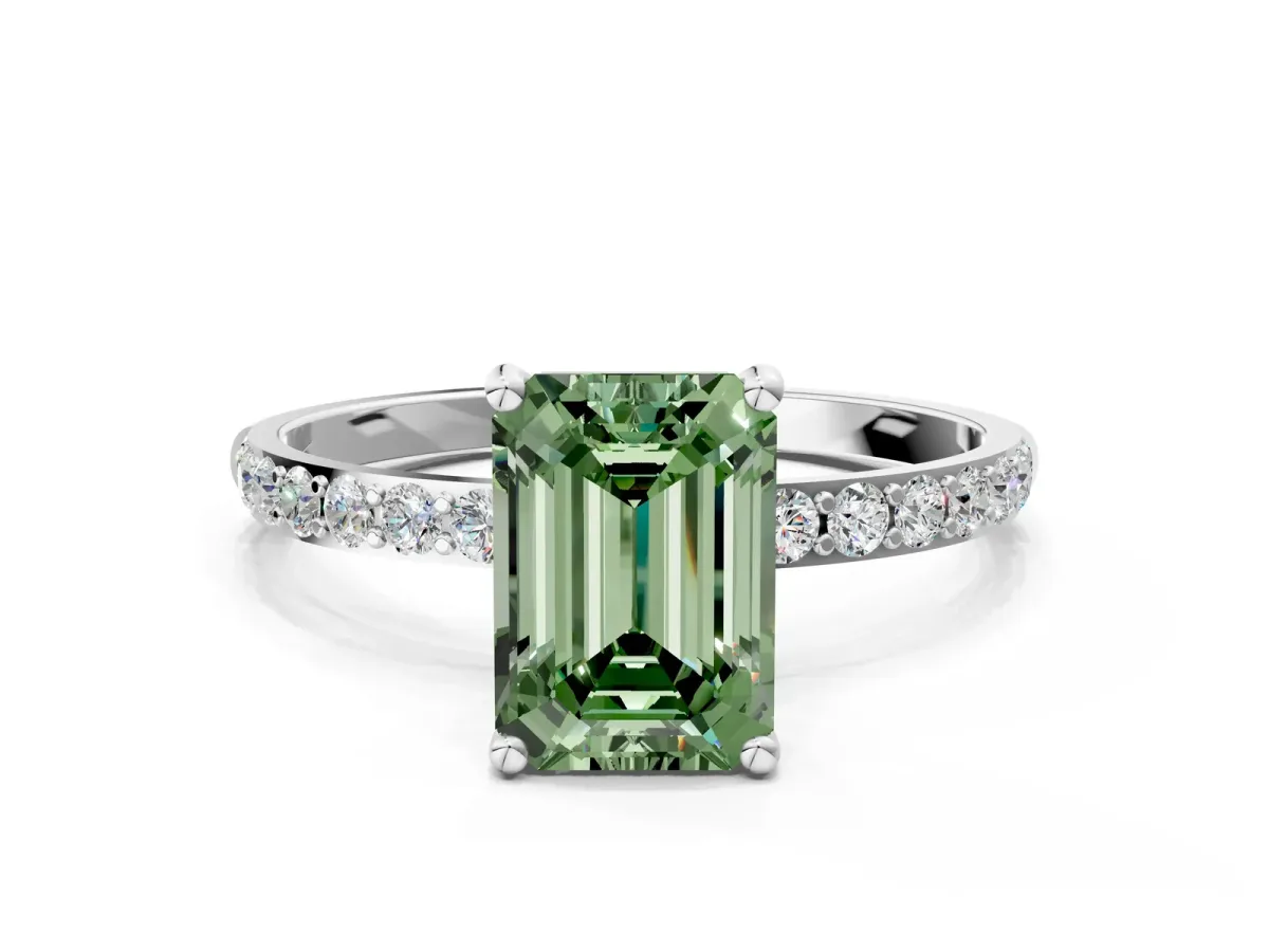 Fancy Green Emerald Cut Diamond Solitaire Ring with Round Pavé Shoulders and Prong Setting Silver