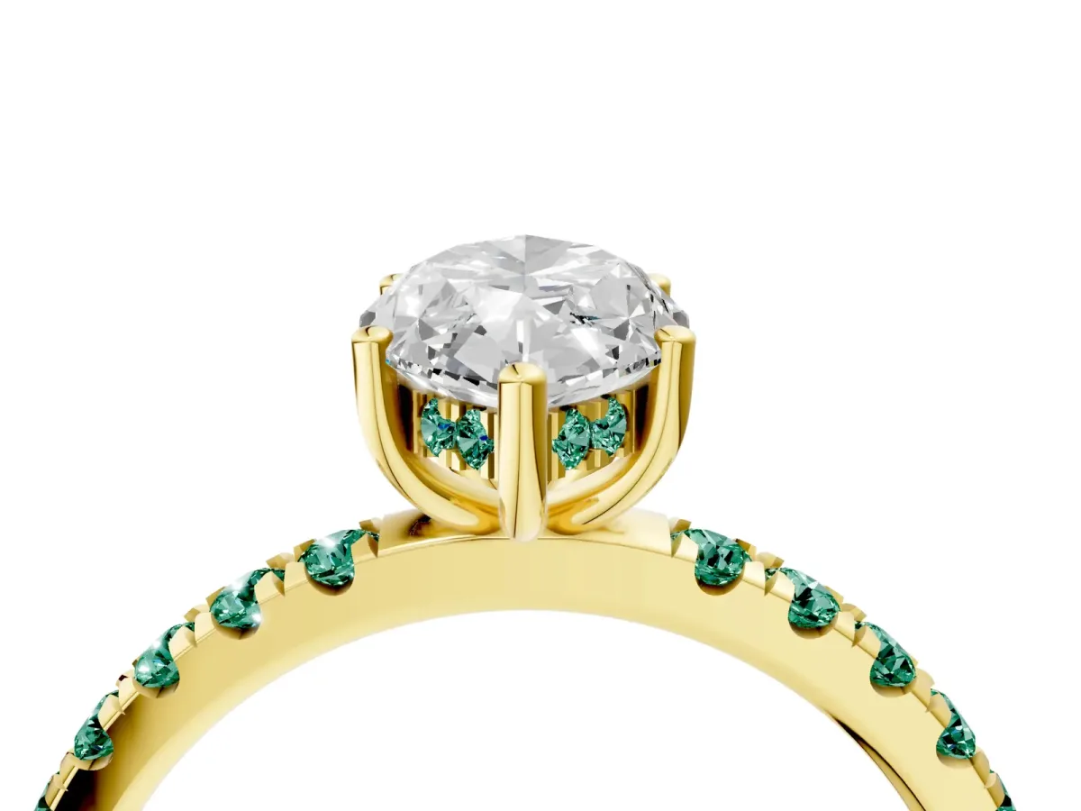 Marquise Cut Diamond Pave Band Solitaire Ring with Round Green Sapphire and Prong Setting Yellow gold