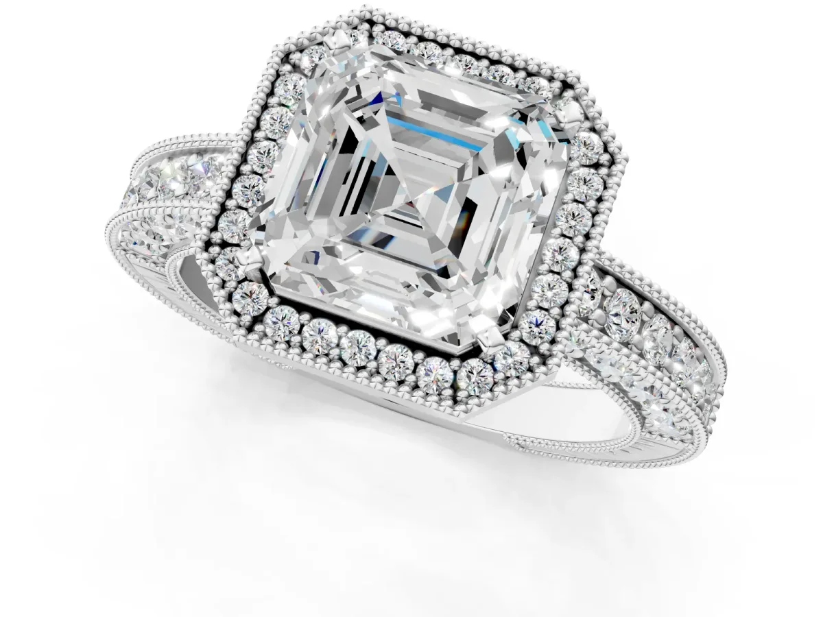 Asscher Cut Cut Halo Diamond Pave Band Ring with Four-Prong Setting Platinum