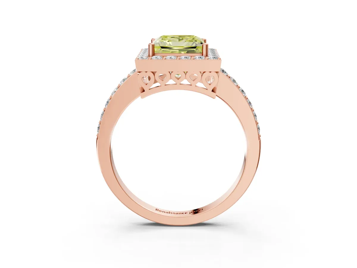 Fancy Yellow Princess Cut Halo Diamond Pavé Band Ring with Prong Setting Rose gold