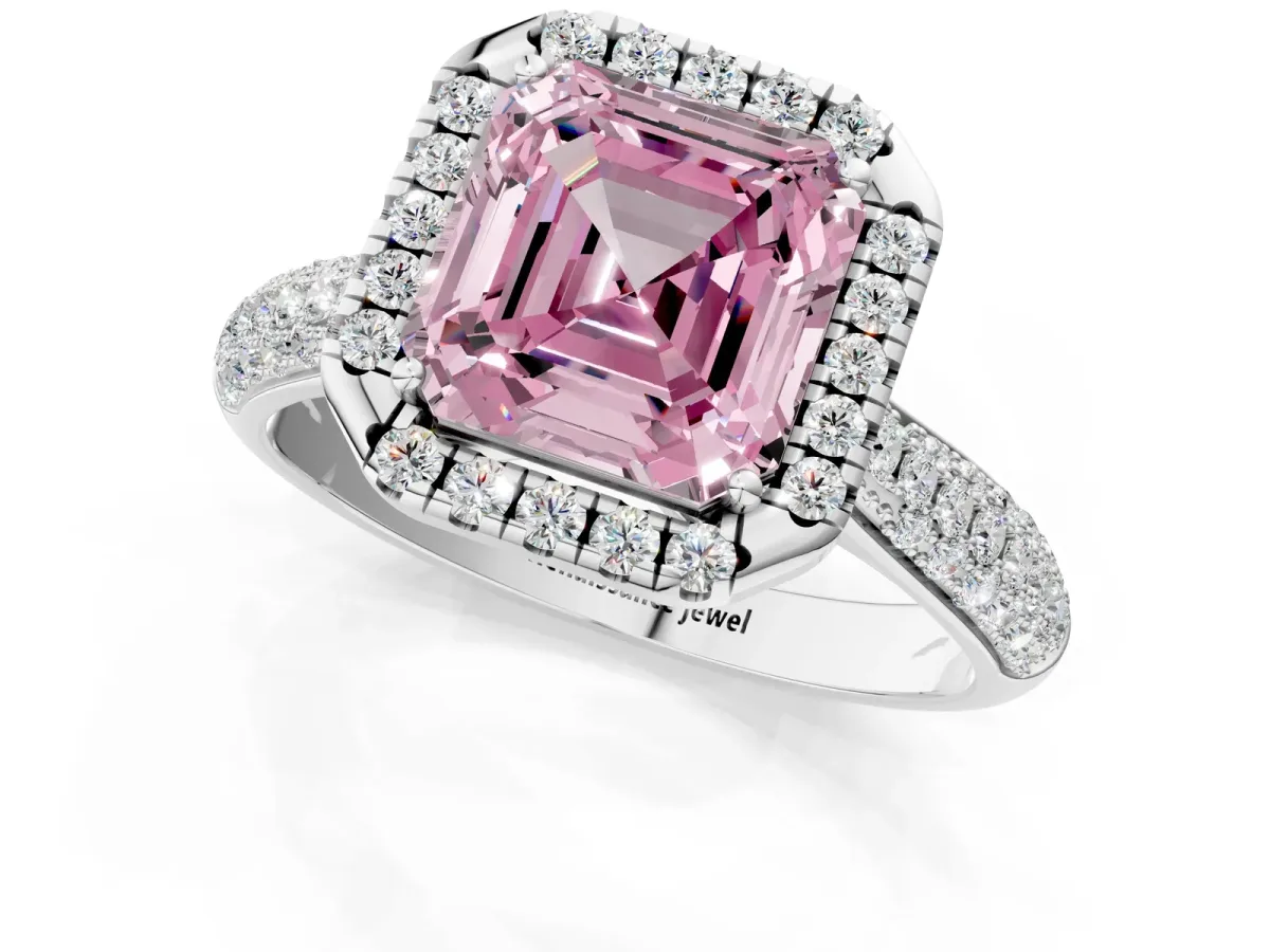 Fancy Pink Asscher Cut Halo Diamond Ring with Pavé Band Platinum
