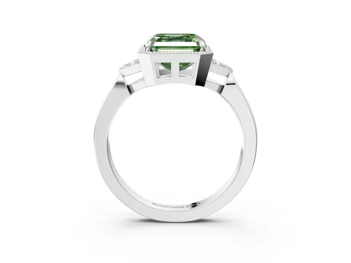 Fancy Green Asscher Cut Diamond Halo Ring with Tapered Band and Four-Prong Setting Platinum