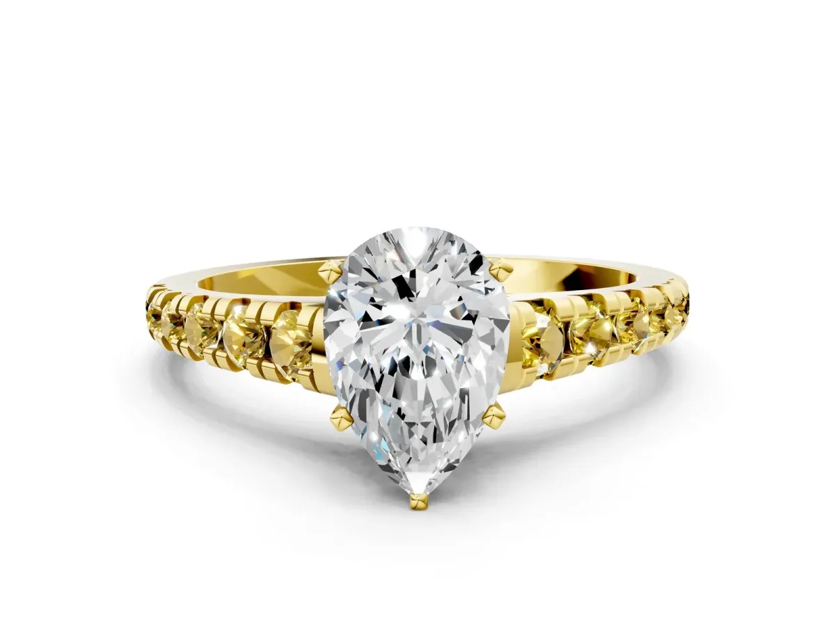 Pear Cut Diamond Cathedral Solitaire Ring with Round Yellow Sapphire Pavé Band Yellow gold
