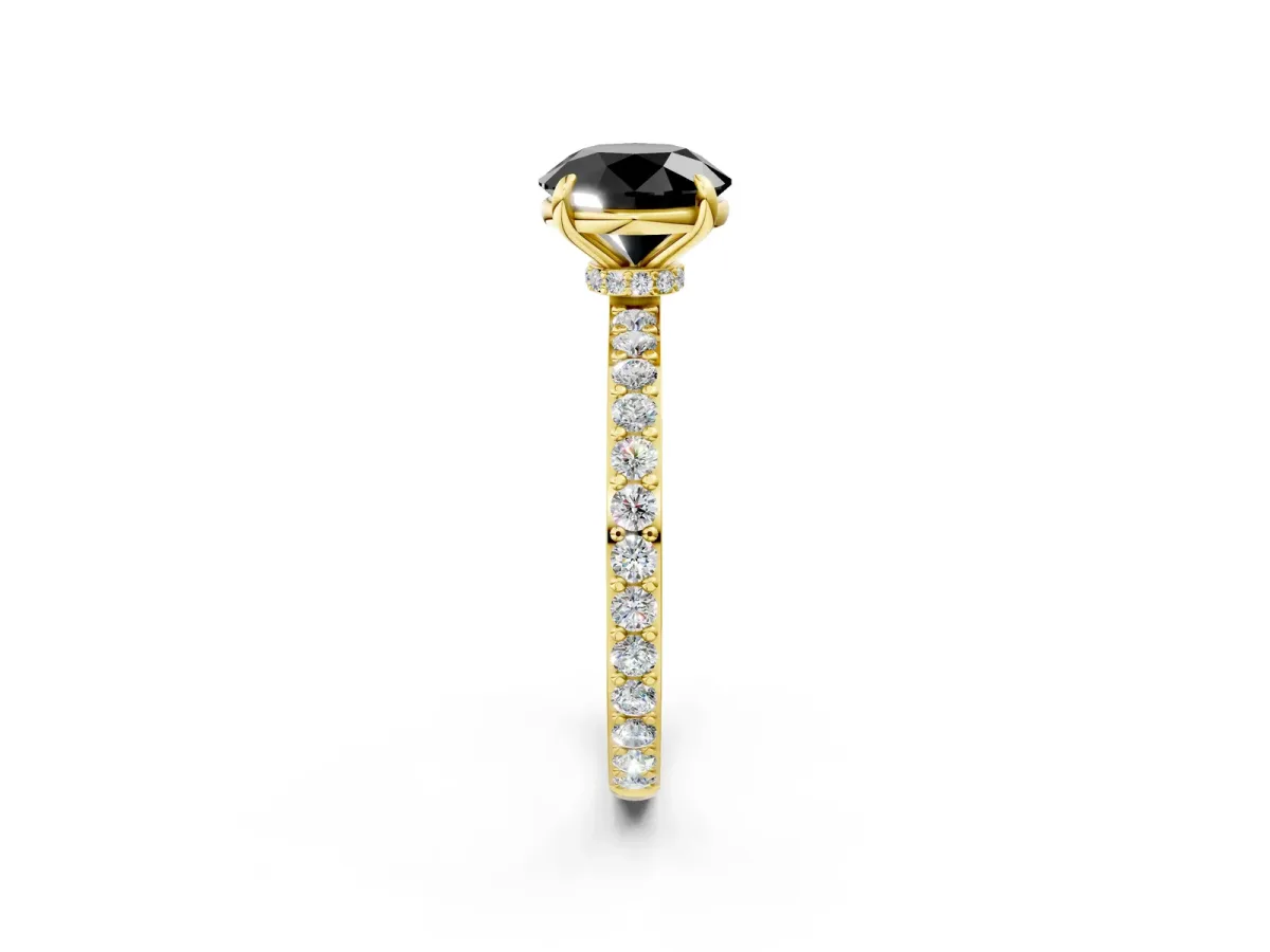 Fancy Black Round Cut Diamond Solitaire Engagement Ring with Pavé Band and Four-Prong Setting Yellow gold