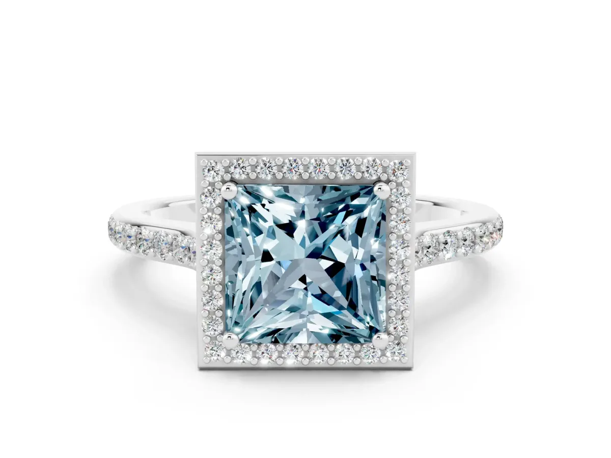 Princess Cut Aquamarine Halo Engagement Ring with Round Pavé Shoulders and Prong Setting Silver