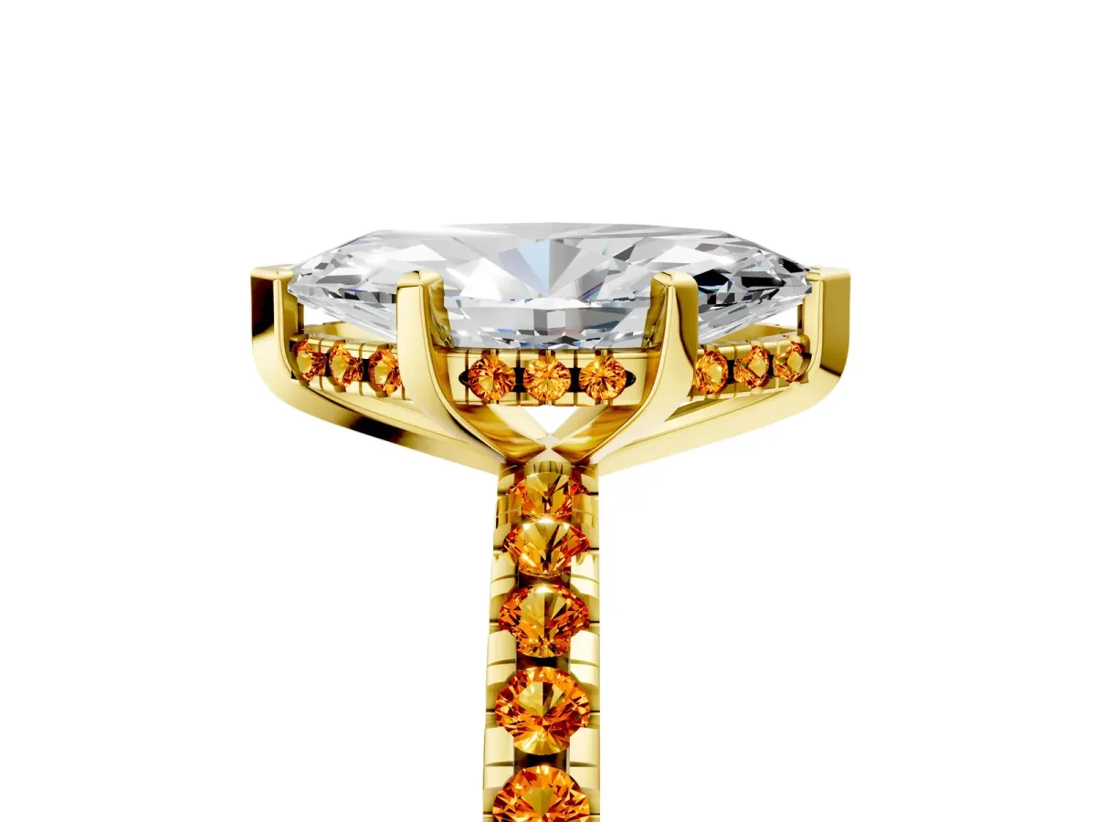 Marquise Cut Diamond Solitaire Ring with Round Citrine Pavé Band and Four-Prong Setting Yellow gold