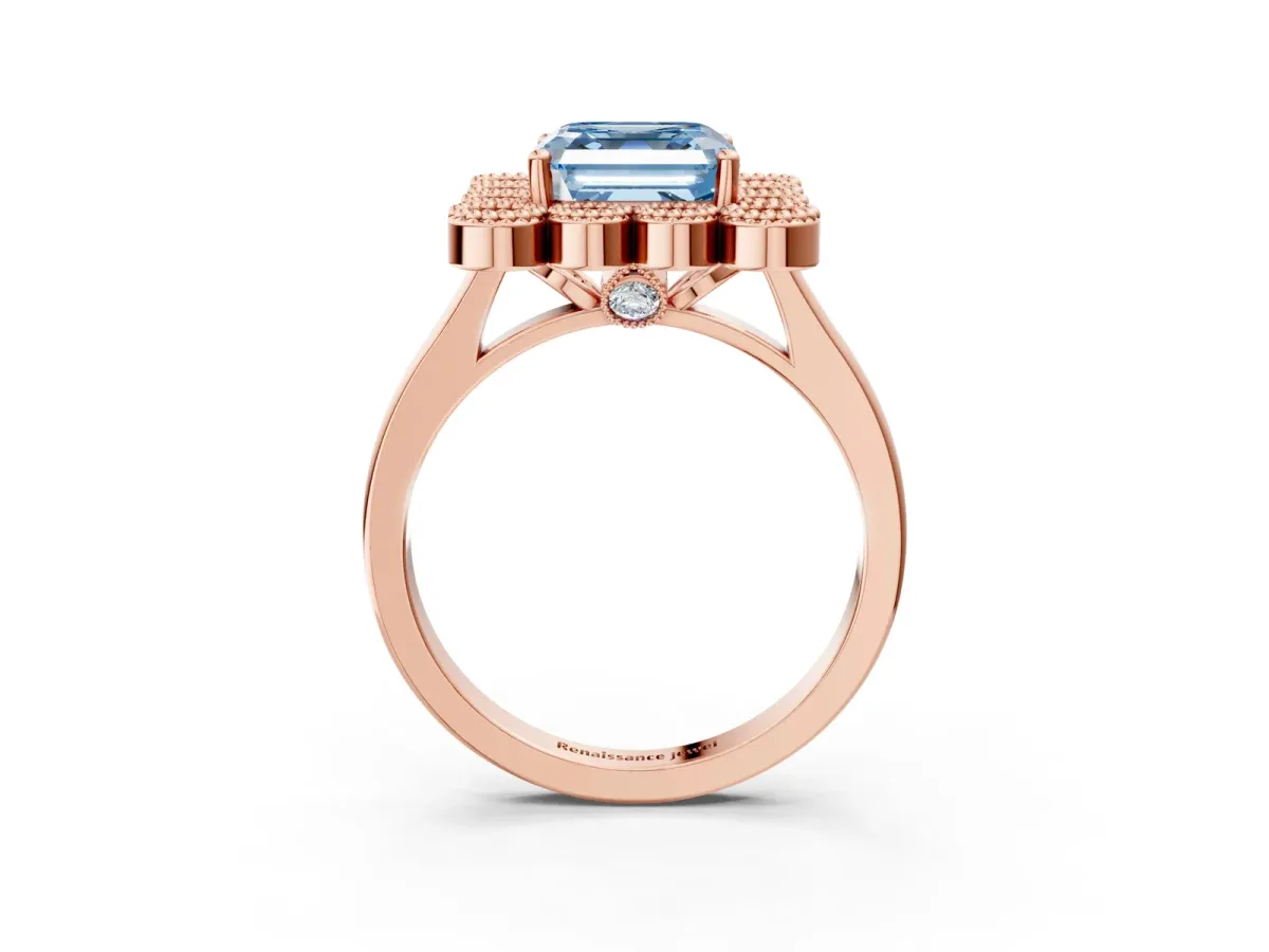 Fancy Blue Asscher Cut Halo Diamond Cluster Engagement Ring with Milgrain Bezel Setting and Solitaire Band Rose gold