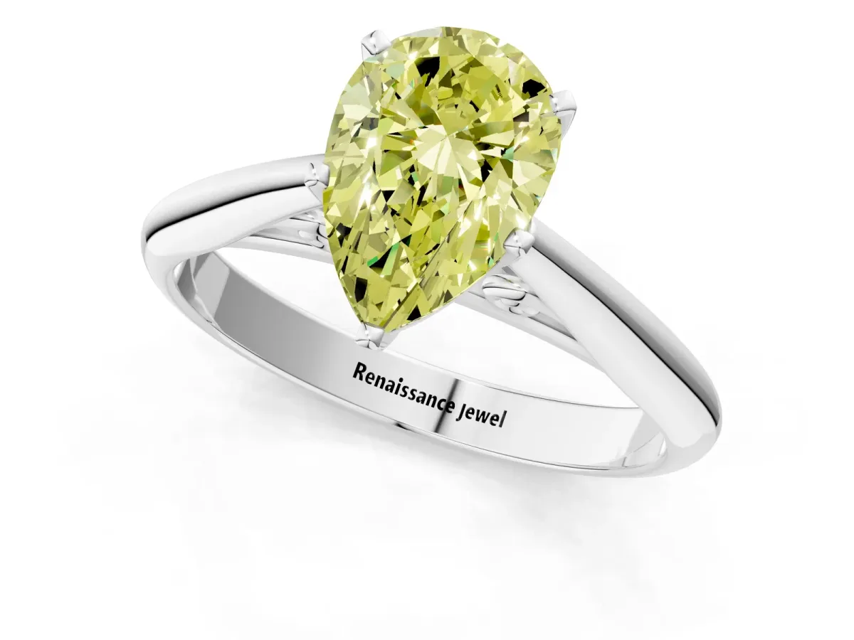 Fancy Yellow Pear Cut Diamond Solitaire Engagement Ring with Cathedral Setting and Four-Prong Mount Platinum