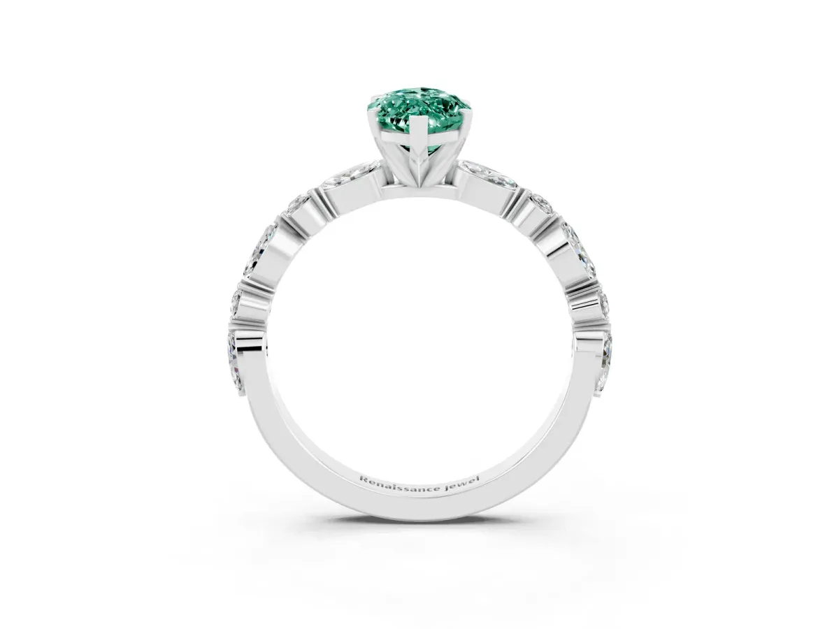 Marquise Cut Green Sapphire Ring with Marquise and Round Side Stones and Four-Prong Setting White gold