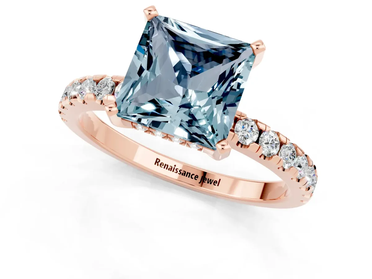 Princess Cut Aquamarine Solitaire Ring with Round Pavé Band and Four-Prong Setting Rose gold