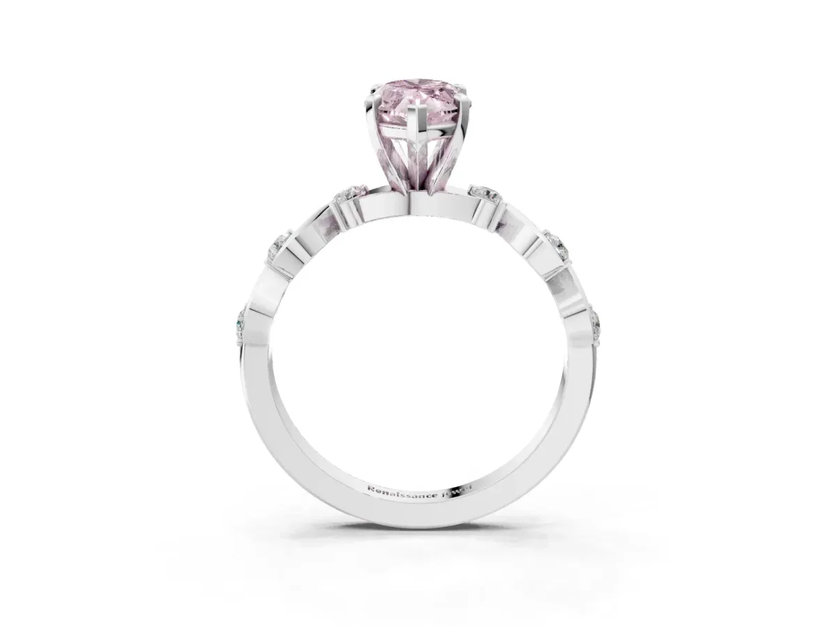 Fancy Pink Marquise Cut Diamond Solitaire Twisted Band with Round Accents and Prong Setting White gold