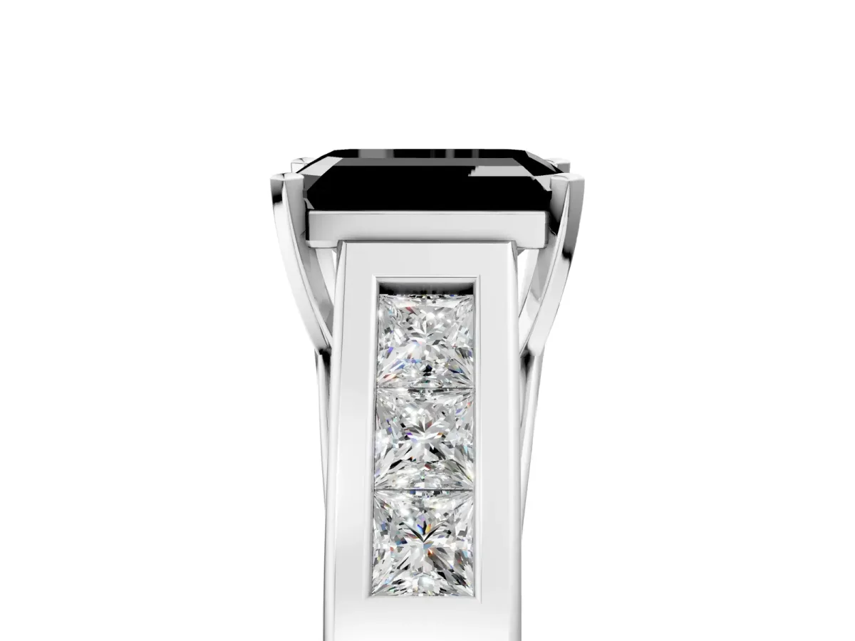 Fancy Black Emerald Cut Cut Channel Set Solitaire Ring with Four-Prong Setting White gold