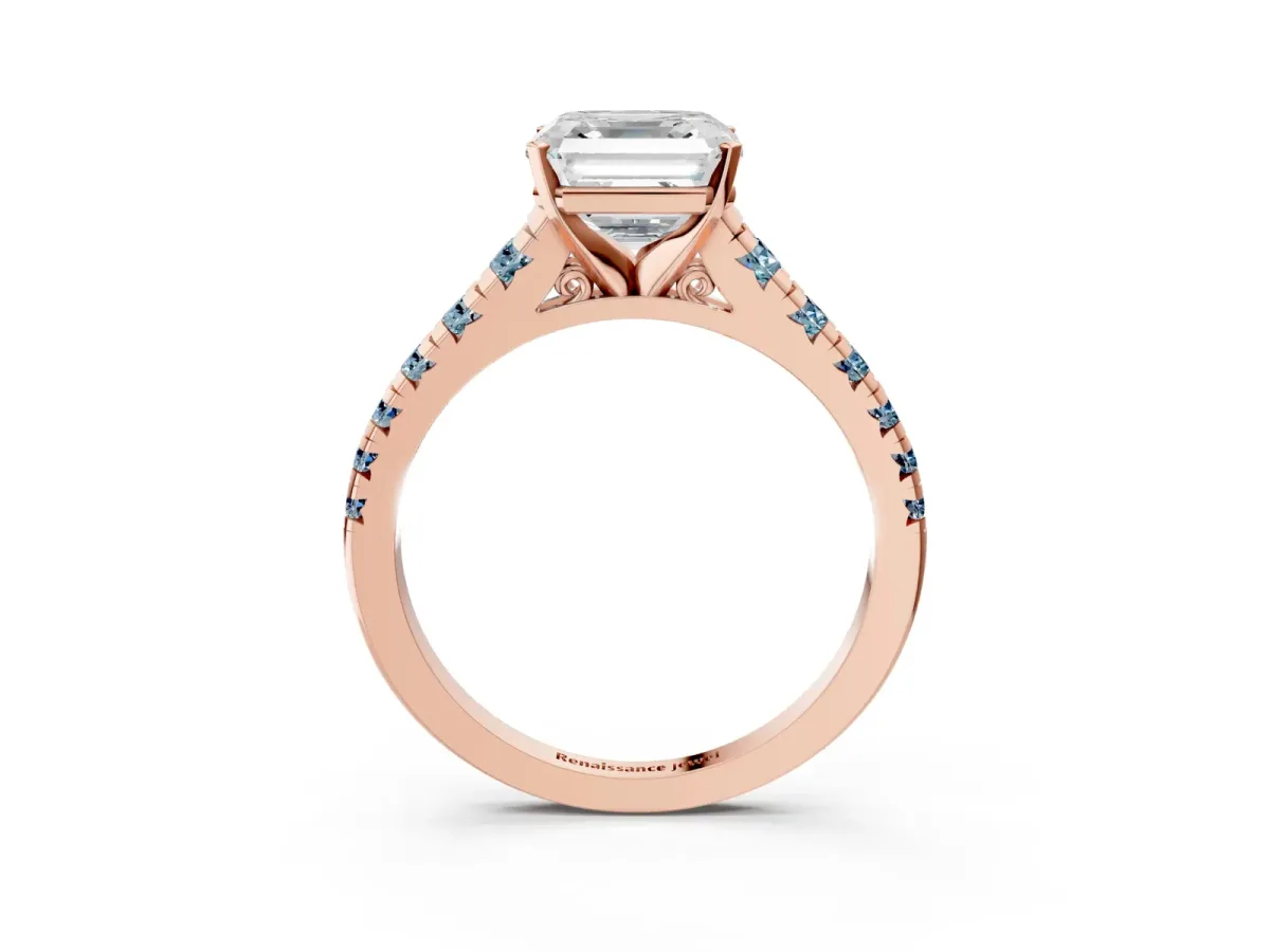 Asscher Cut Diamond Cathedral Solitaire Ring with Round Aquamarine Pavé Band Rose gold