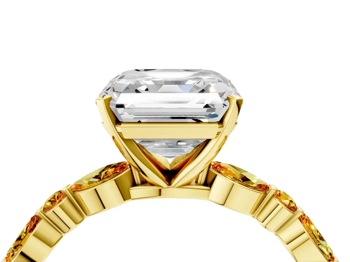 Asscher Cut Diamond Ring with Marquise and Round Citrine Side Stones and Four-Prong Setting Yellow gold
