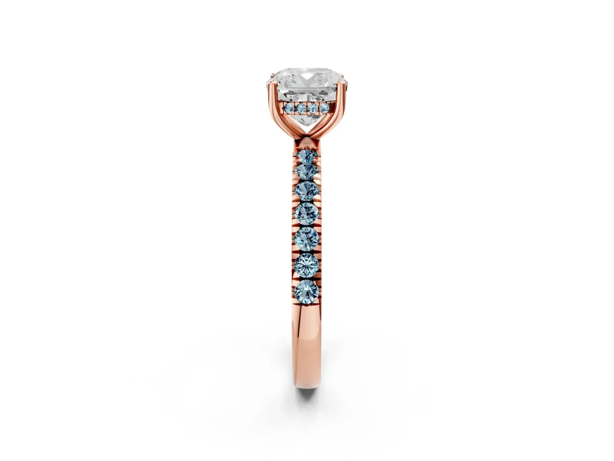 Cushion Cut Diamond Pave Band Solitaire Ring with Round Aquamarine and Prong Setting Rose gold
