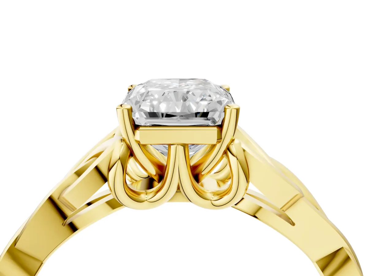 Radiant Cut Diamond Solitaire Engagement Ring with Celtic Knot Band and Four-Prong Setting Yellow gold