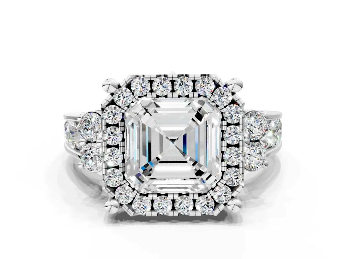 Asscher Cut Halo Diamond Engagement Ring with Split Shank and Four-Prong Setting Platinum