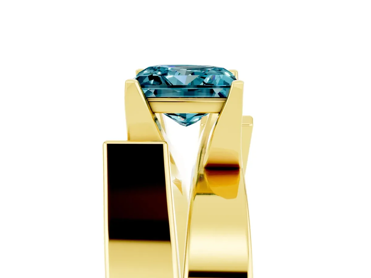 Modern Tension Set Princess Cut Blue Topaz Solitaire Wide Band Ring Yellow gold