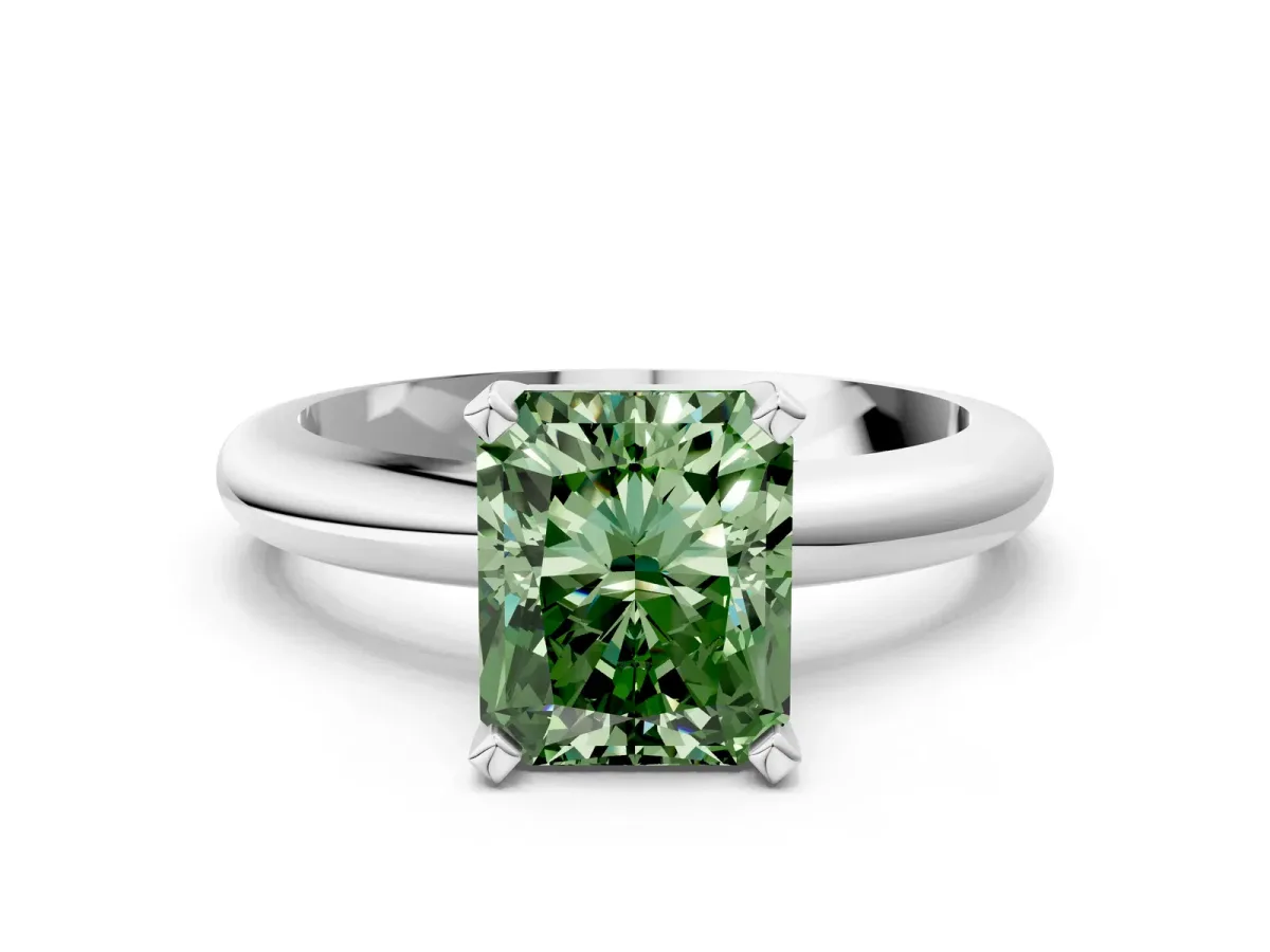 Fancy Green Radiant Cut Diamond Solitaire Engagement Ring with Round Band and Four-Prong Setting White gold