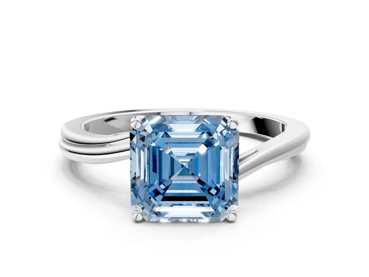 Fancy Blue Asscher Cut Cut Solitaire Twist Band Ring with Four-Prong Setting White gold