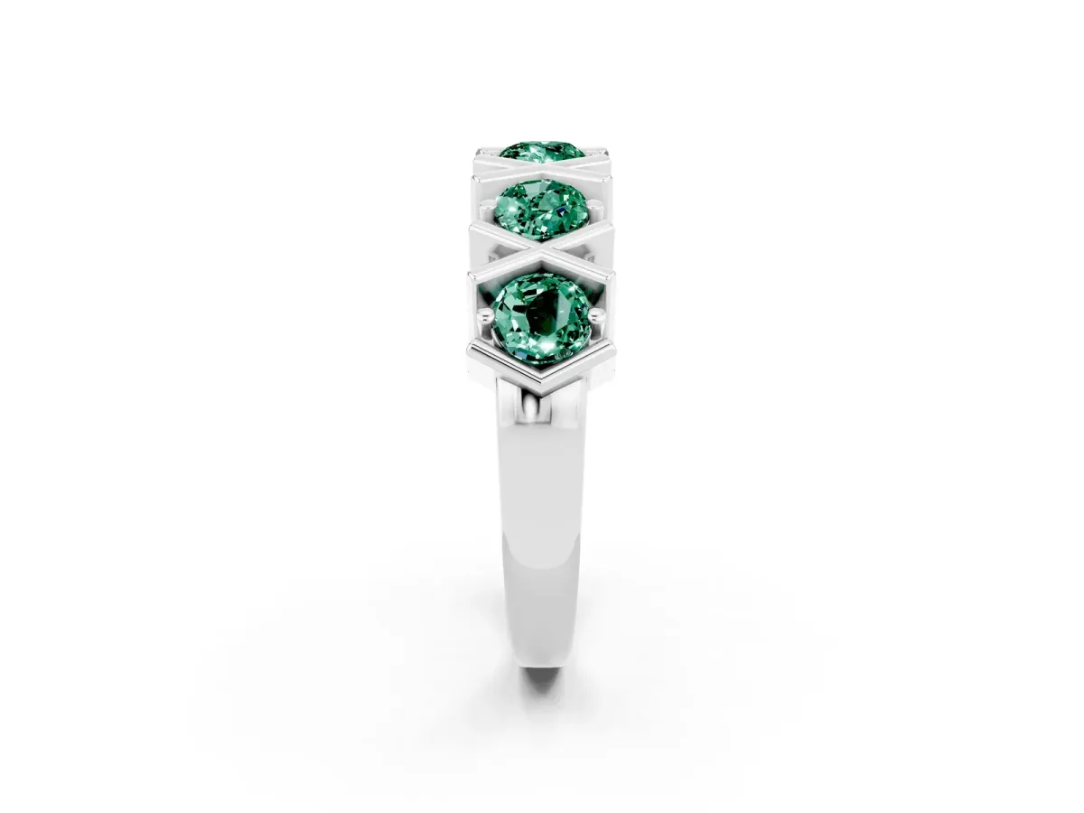 Round Green Sapphire Channel Set Band with X-Prong Detail White gold