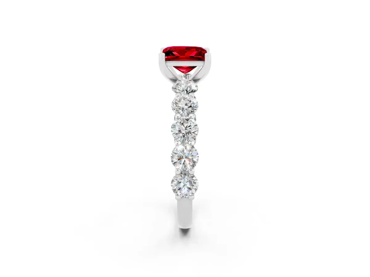 Princess Cut Ruby Prong Setting with Side Stones on a Pave Band Silver