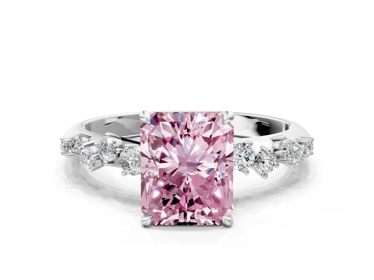 Fancy Pink Radiant Cut Diamond Cluster Side Stone Solitaire Ring with Prong Setting Platinum