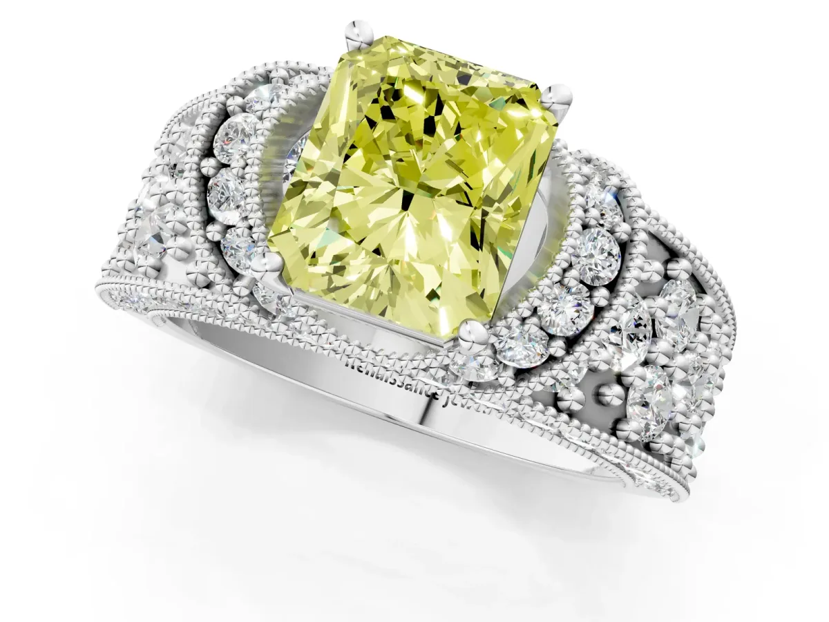 Fancy Yellow Radiant Cut Halo Pave Diamond Engagement Ring with Milgrain Detailing Platinum