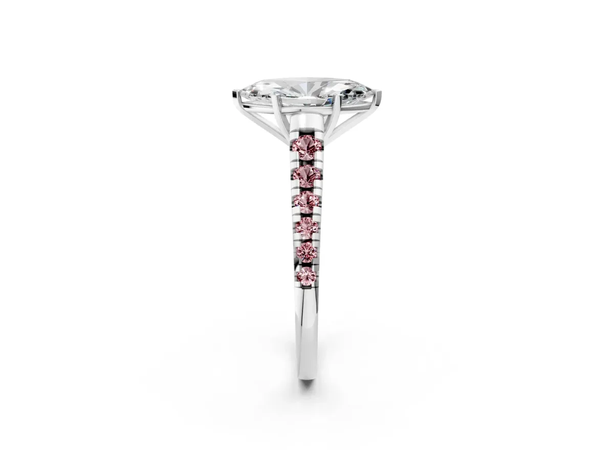 Marquise Cut Diamond Cathedral Solitaire Ring with Round Morganite Pavé Band Silver