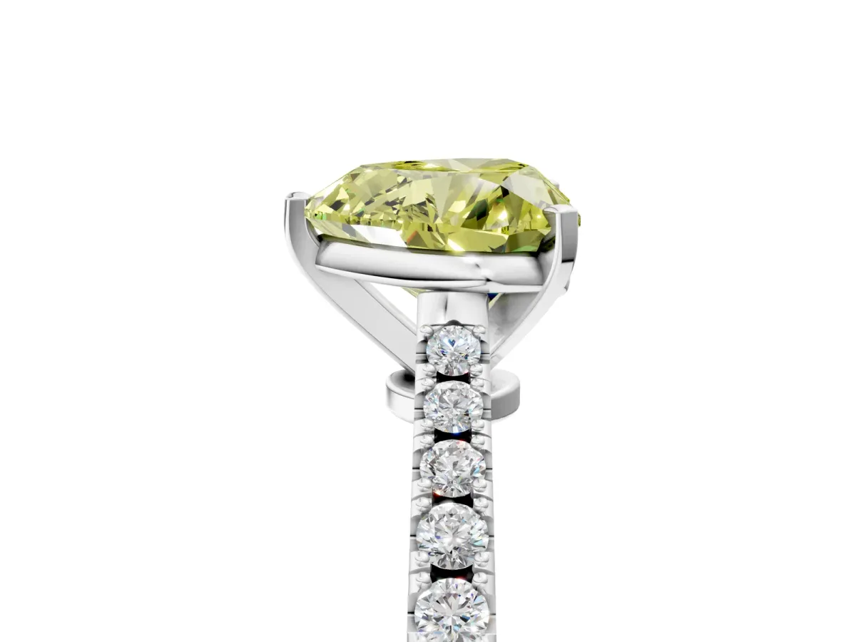 Fancy Yellow Heart Cut Cut Solitaire Diamond Engagement Ring with Pave Band and Four-Prong Setting White gold