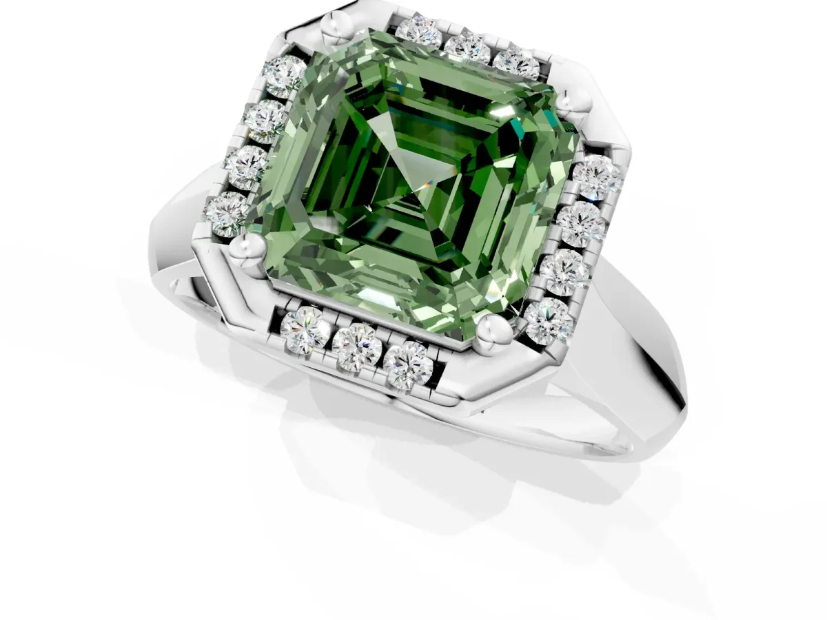 Fancy Green Asscher Cut Cut Halo Solitaire Engagement Ring with Square Band and Four-Prong Setting White gold