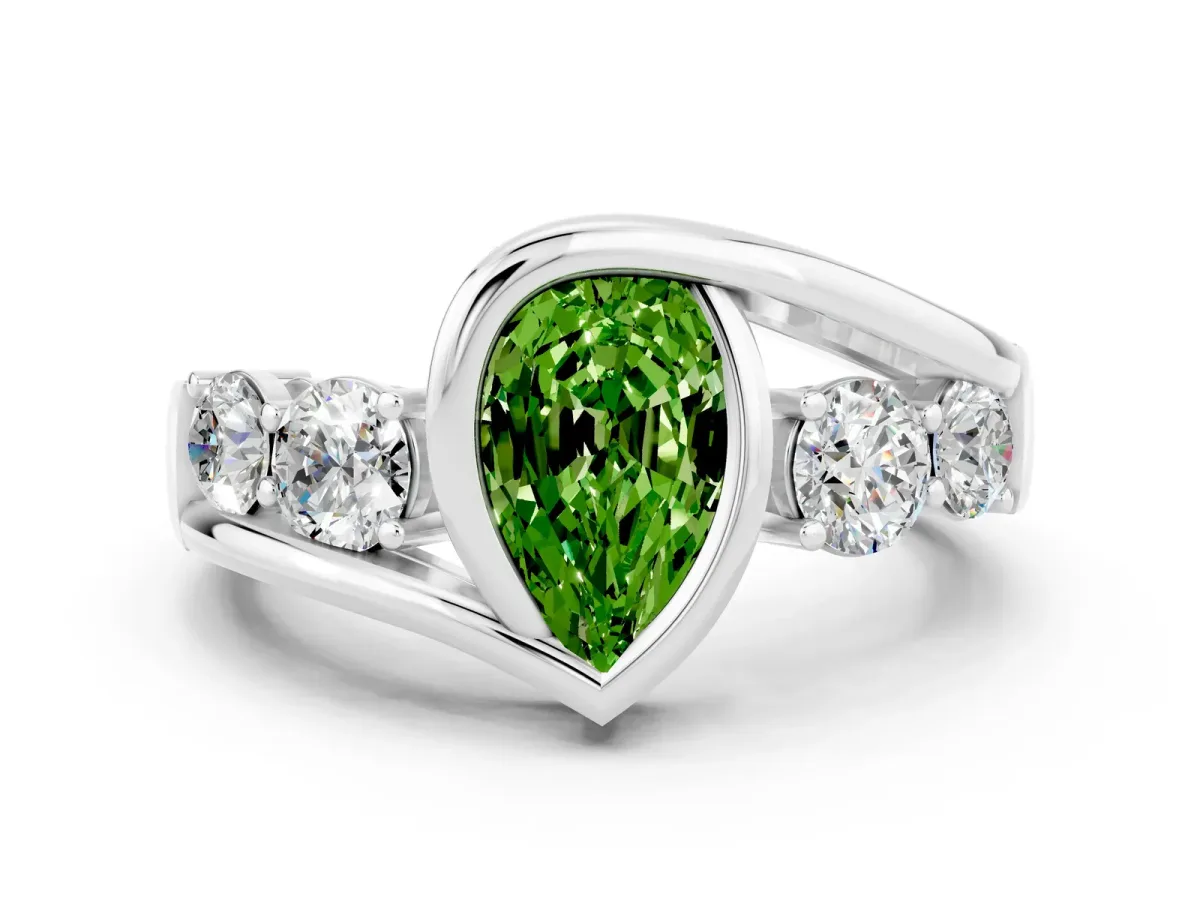 Bezel Set Pear Cut Peridot Bypass Ring with Round Accents Platinum