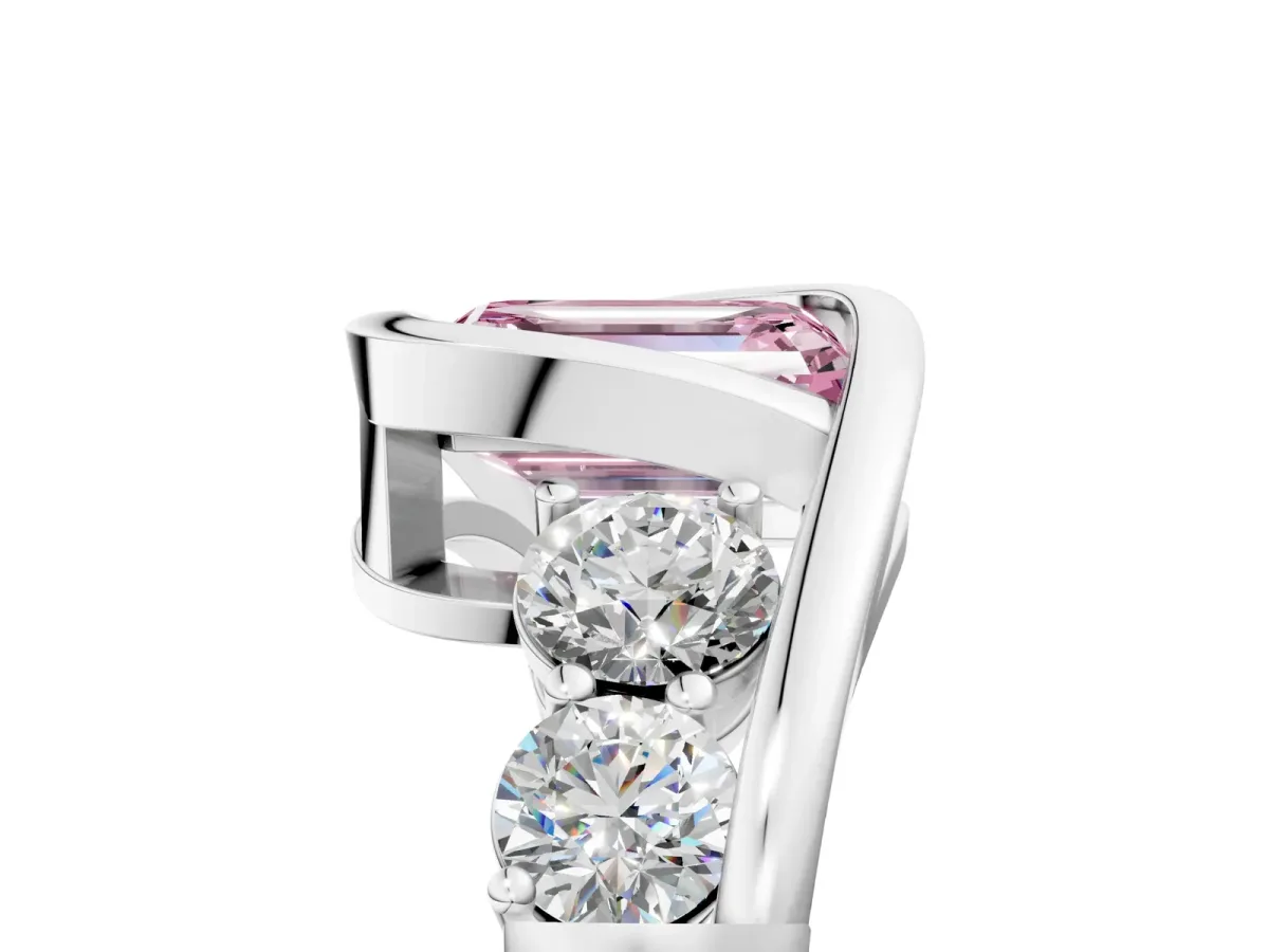 Fancy Pink Bezel Set Emerald Cut Diamond Bypass Ring with Round Accents Silver