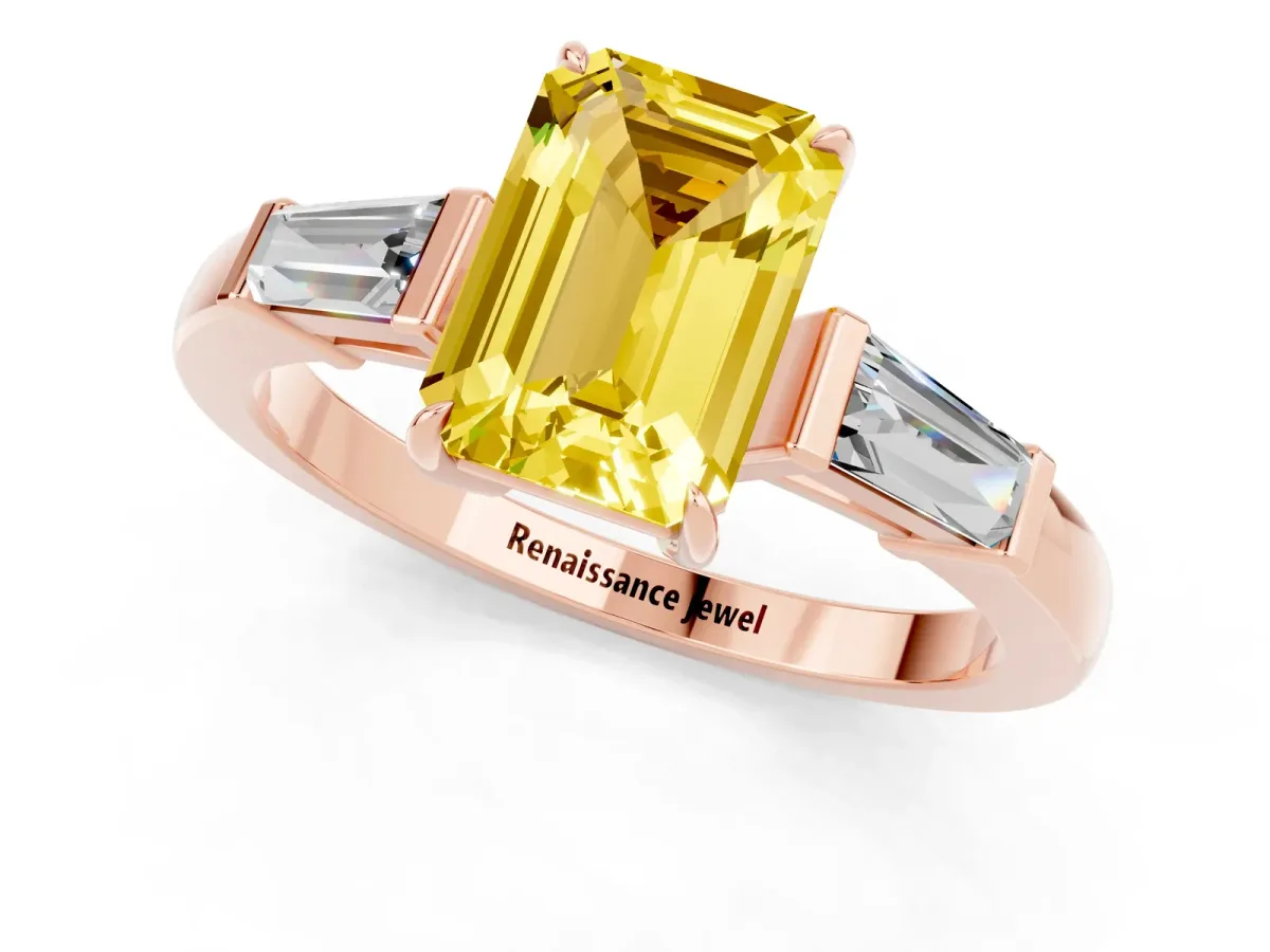 Emerald Cut Yellow Sapphire Three-Stone Ring with Tapered Baguette Side Stones and Prong Setting Rose gold