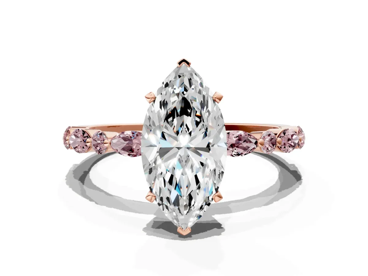 Marquise Cut Diamond Ring with Marquise and Round Morganite Side Stones and Four-Prong Setting Rose gold