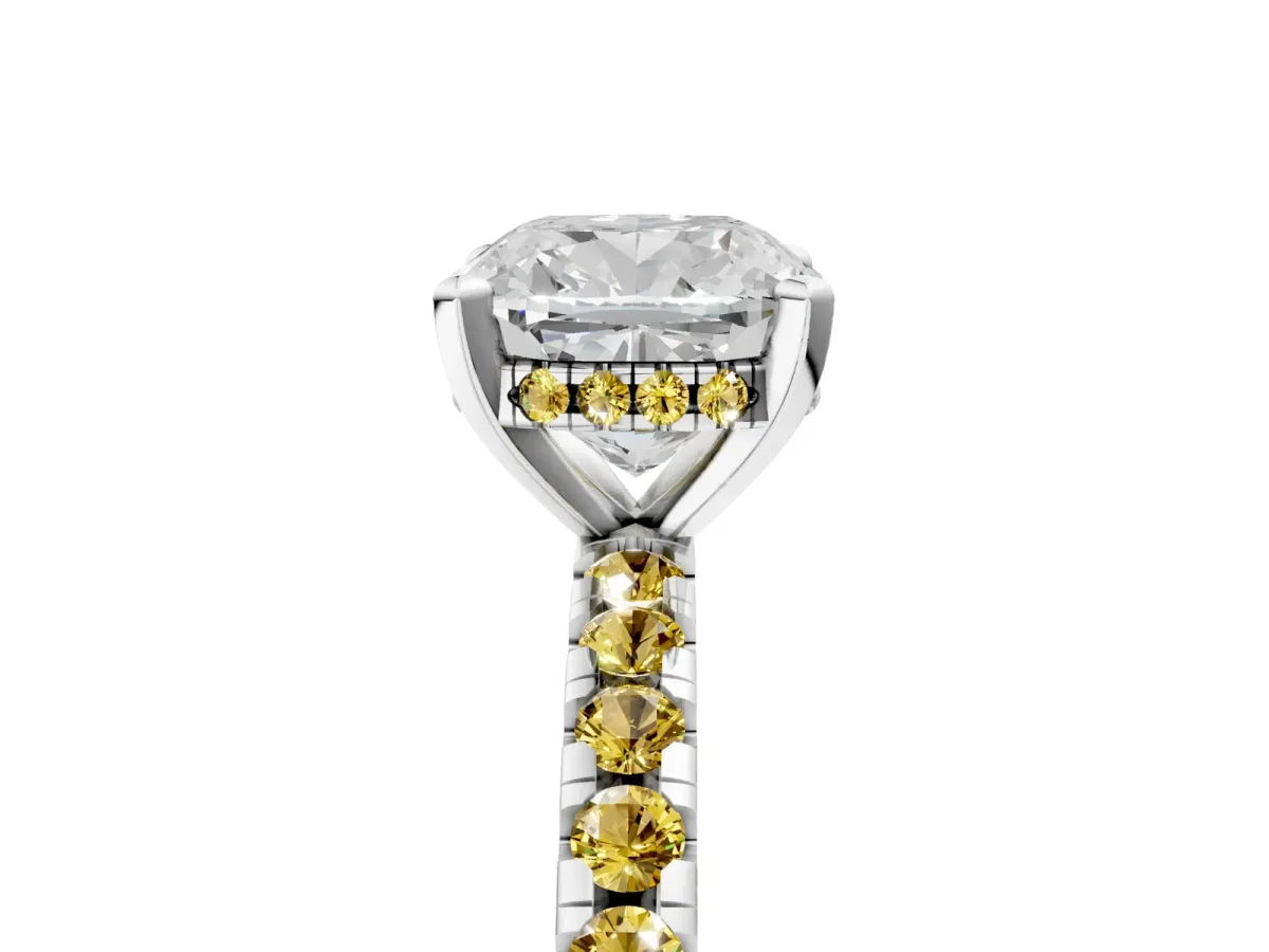 Cushion Cut Diamond Solitaire Ring with Round Yellow Sapphire Pavé Band and Four-Prong Setting White gold