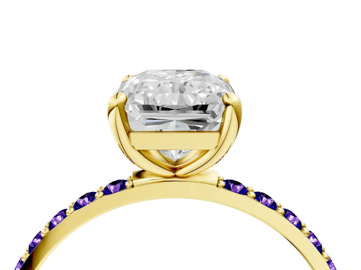 Radiant Cut Diamond Solitaire Ring with Round Tanzanite Pavé Band and Prong Setting Yellow gold