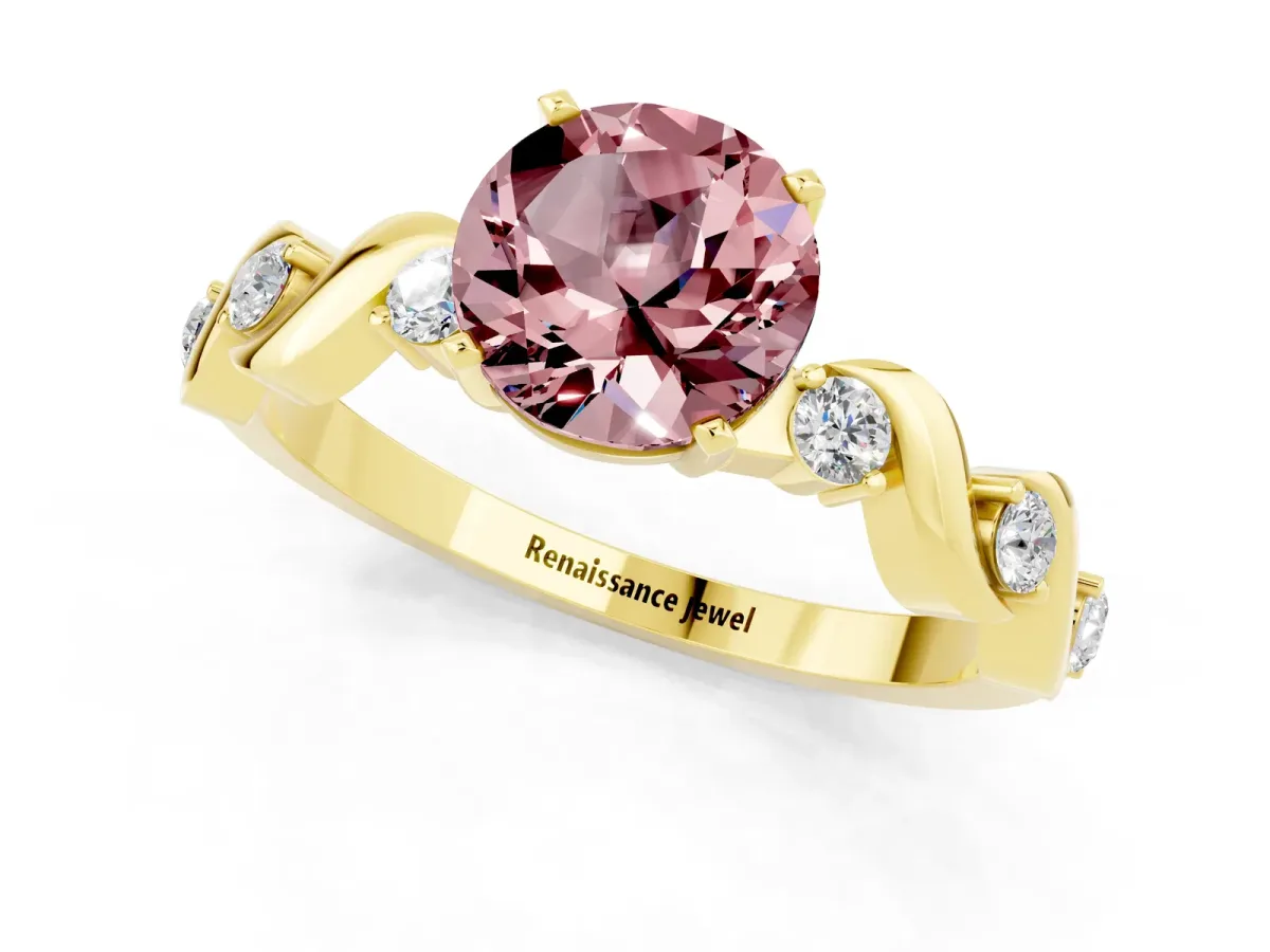 Round Cut Morganite Solitaire Twisted Band with Round Accents and Prong Setting Yellow gold