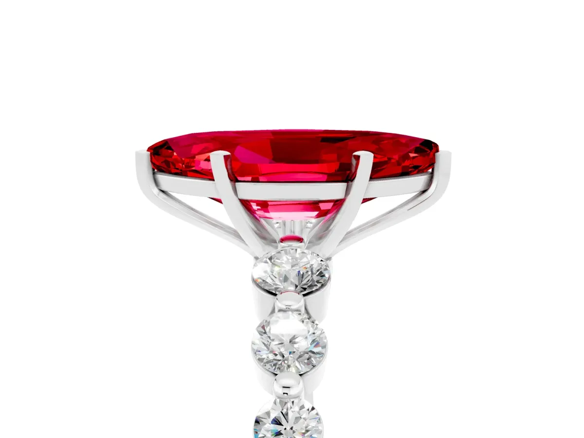 Marquise Cut Solitaire Ruby Ring with Pave Band and Four-Prong Setting Platinum
