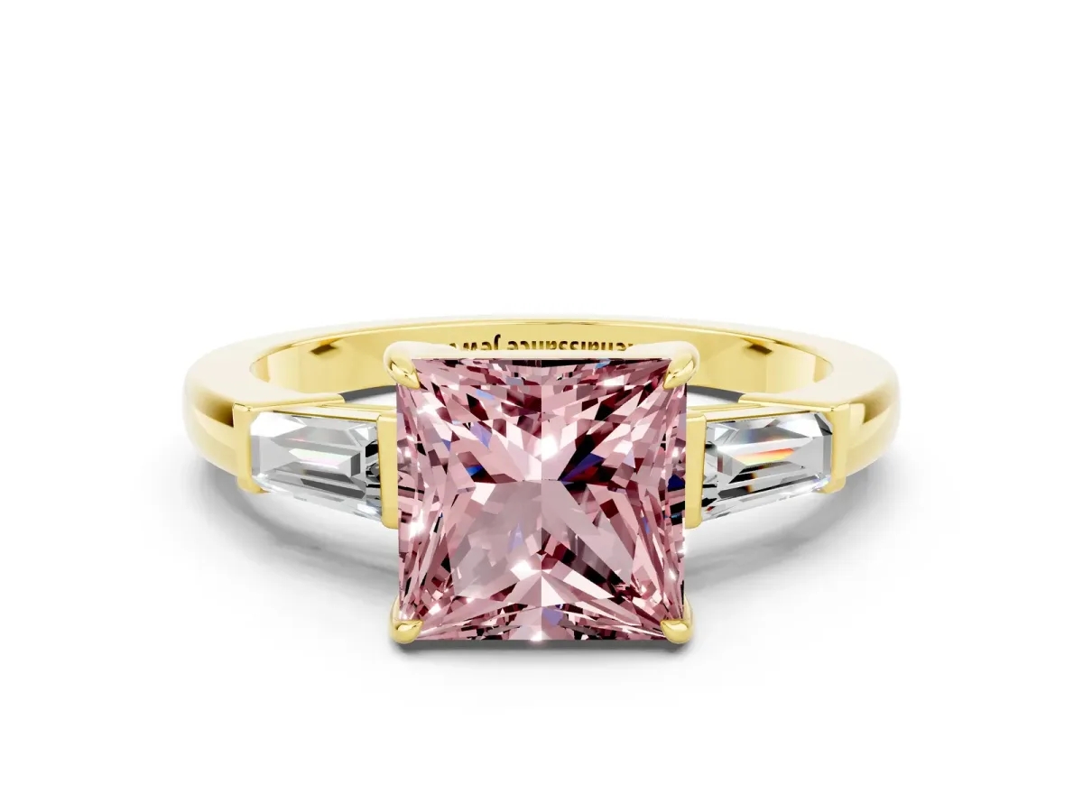 Princess Cut Morganite Three-Stone Ring with Tapered Baguette Side Stones and Prong Setting Yellow gold