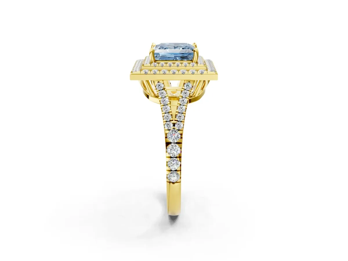 Fancy Blue Princess Cut Diamond Double Halo Ring with Pavé Band and Prong Setting Yellow gold