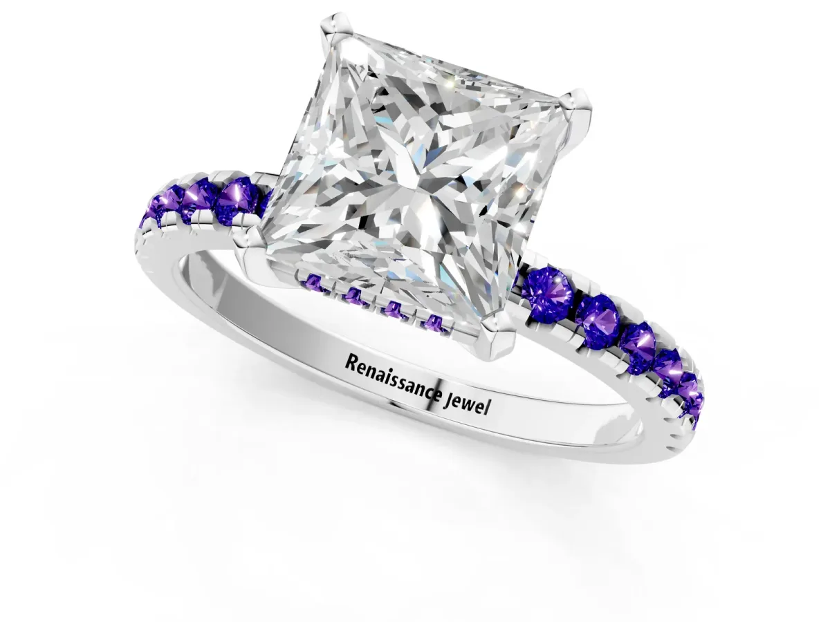 Princess Cut Diamond Solitaire Ring with Round Tanzanite Pavé Band and Four-Prong Setting White gold