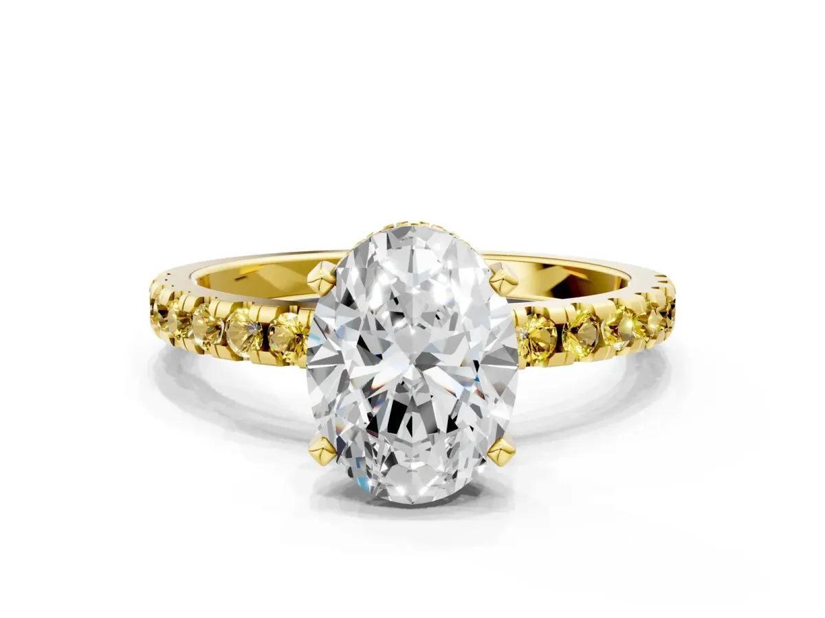 Oval Cut Diamond Solitaire Ring with Round Yellow Sapphire Pavé Band and Four-Prong Setting Yellow gold